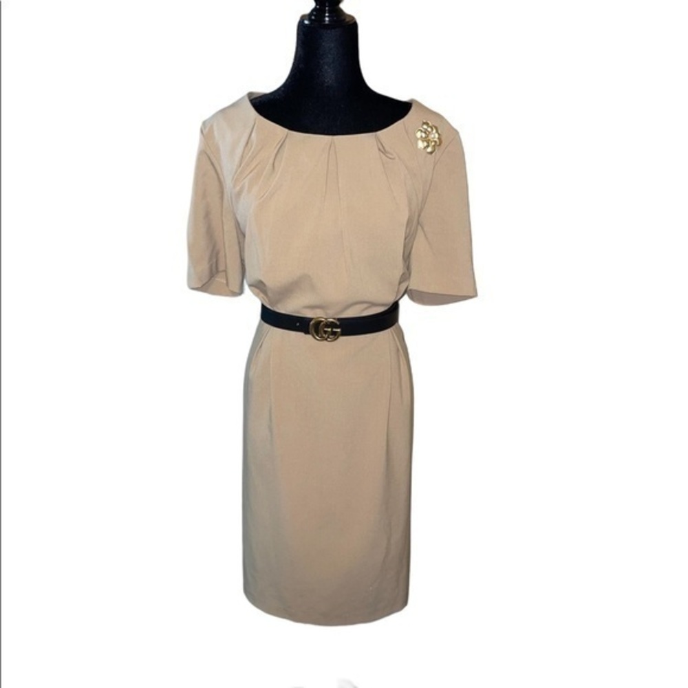 Leslie Fay Vintage Tan Short Sleeves 50’s 60's Midi Sheath Dress Size 14